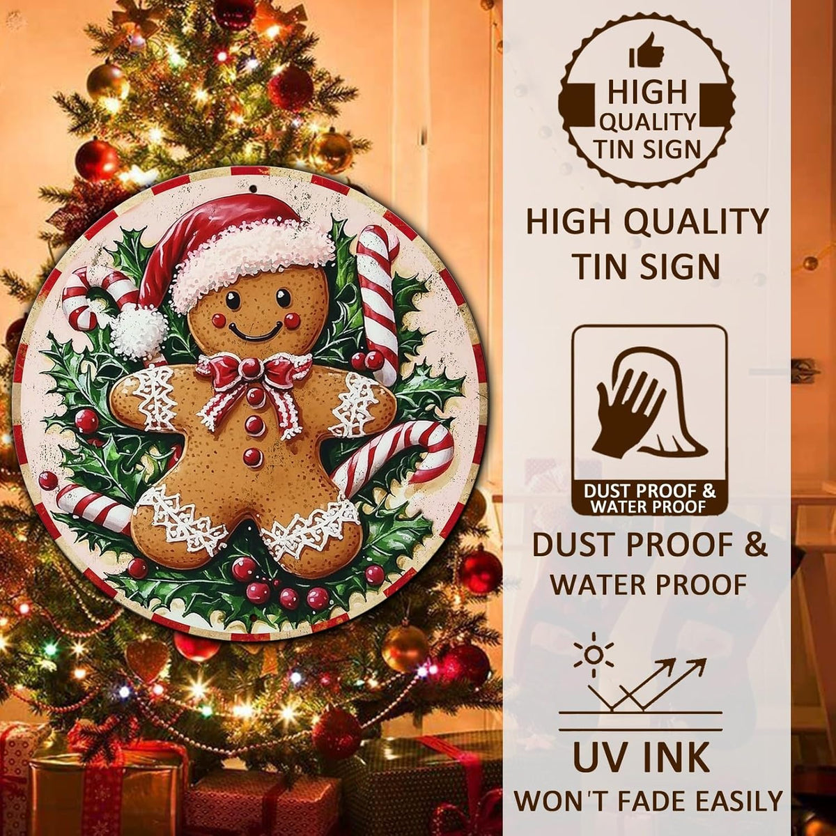 Round Christmas Metal Tin Sign Rustic Wall Decor Gingerbread Man Vintage Tin Sign Candy Canes