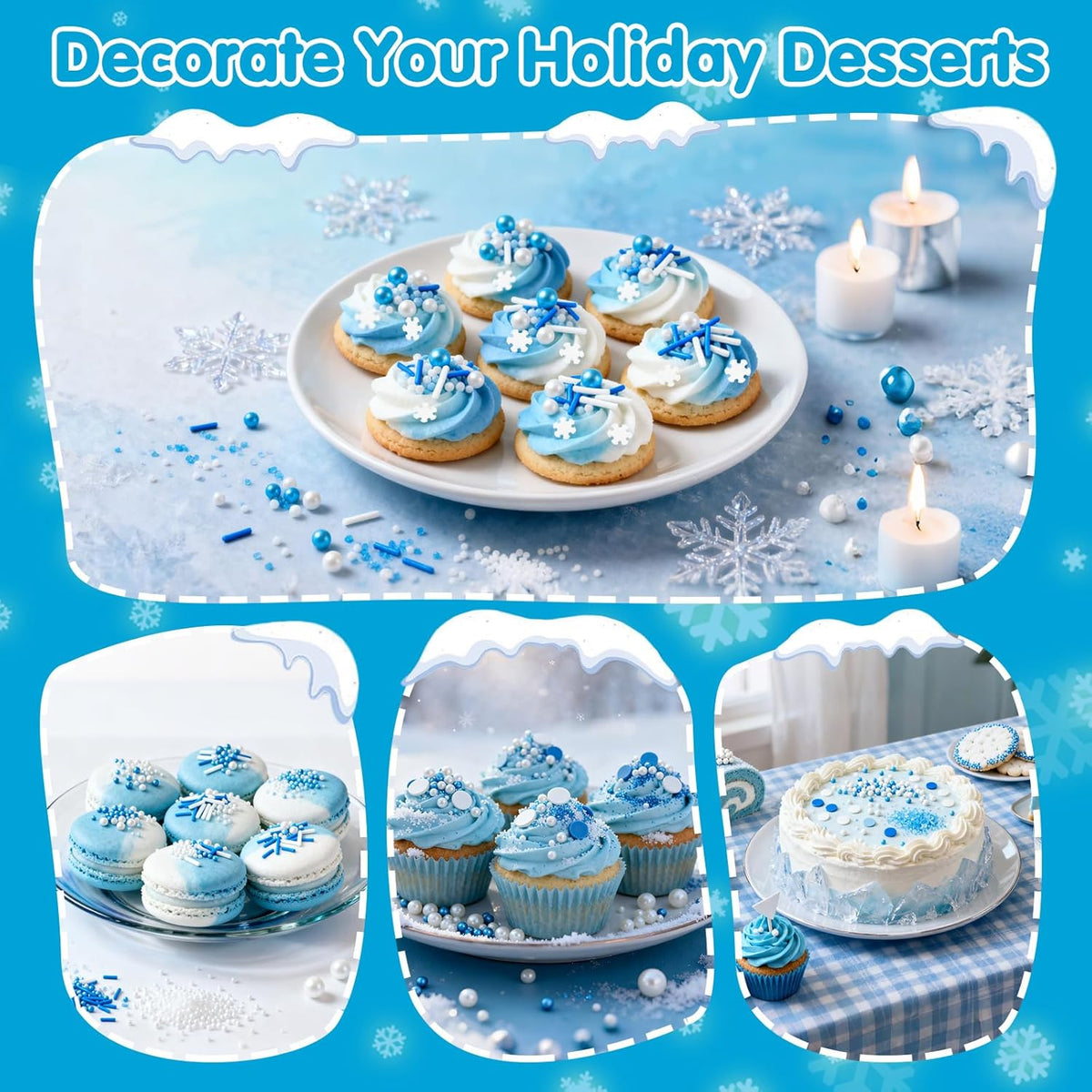 Edible White Snowflake Sprinkles,Blue White Nonpareils Pearls Jimmies Mix Sugar Sprinkle,100g,Snow