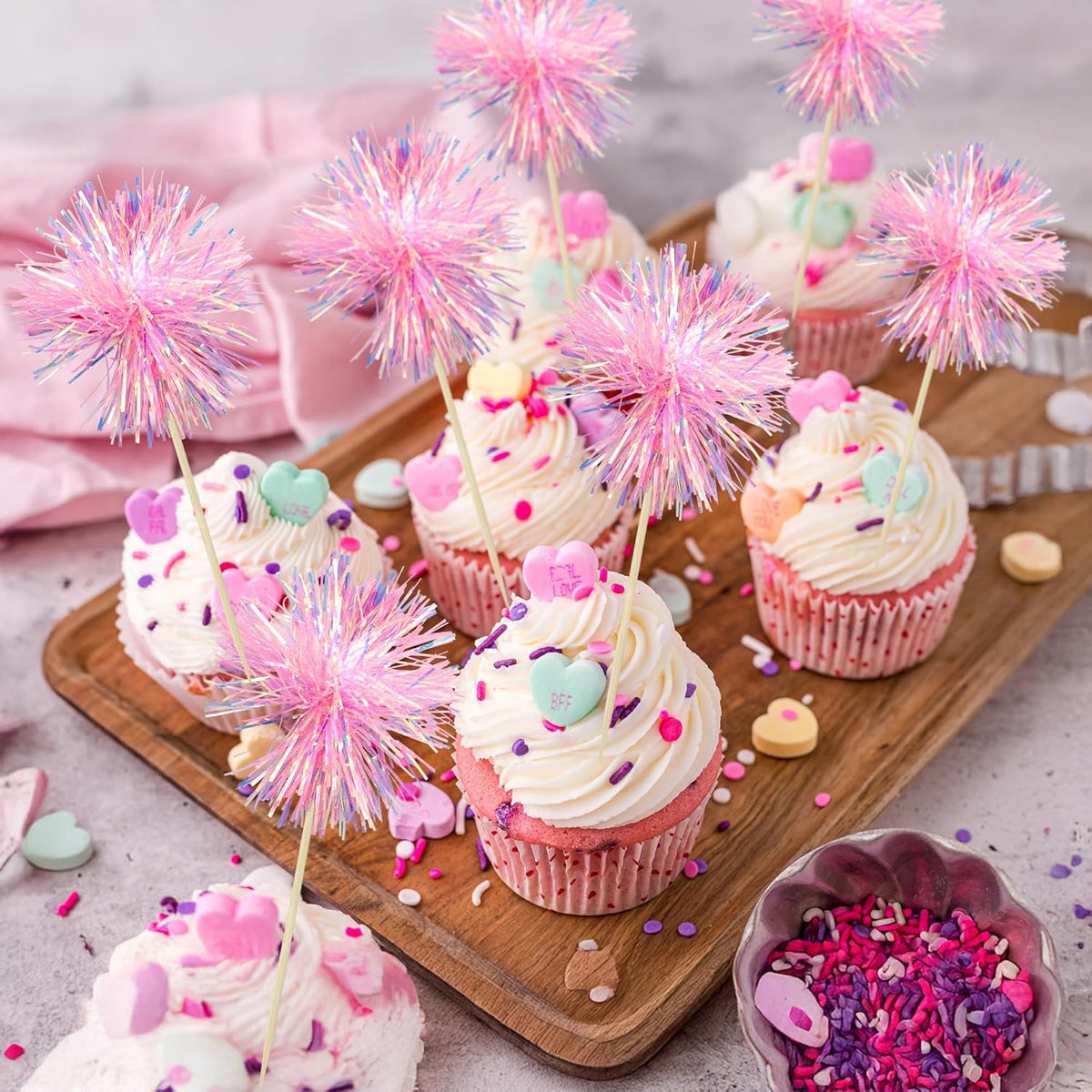 Ephlyn 30Pcs Foil Firework Cupcake Toppers Sparkle Tinsel Cupcake Picks Happy Birthday Cake Toppers