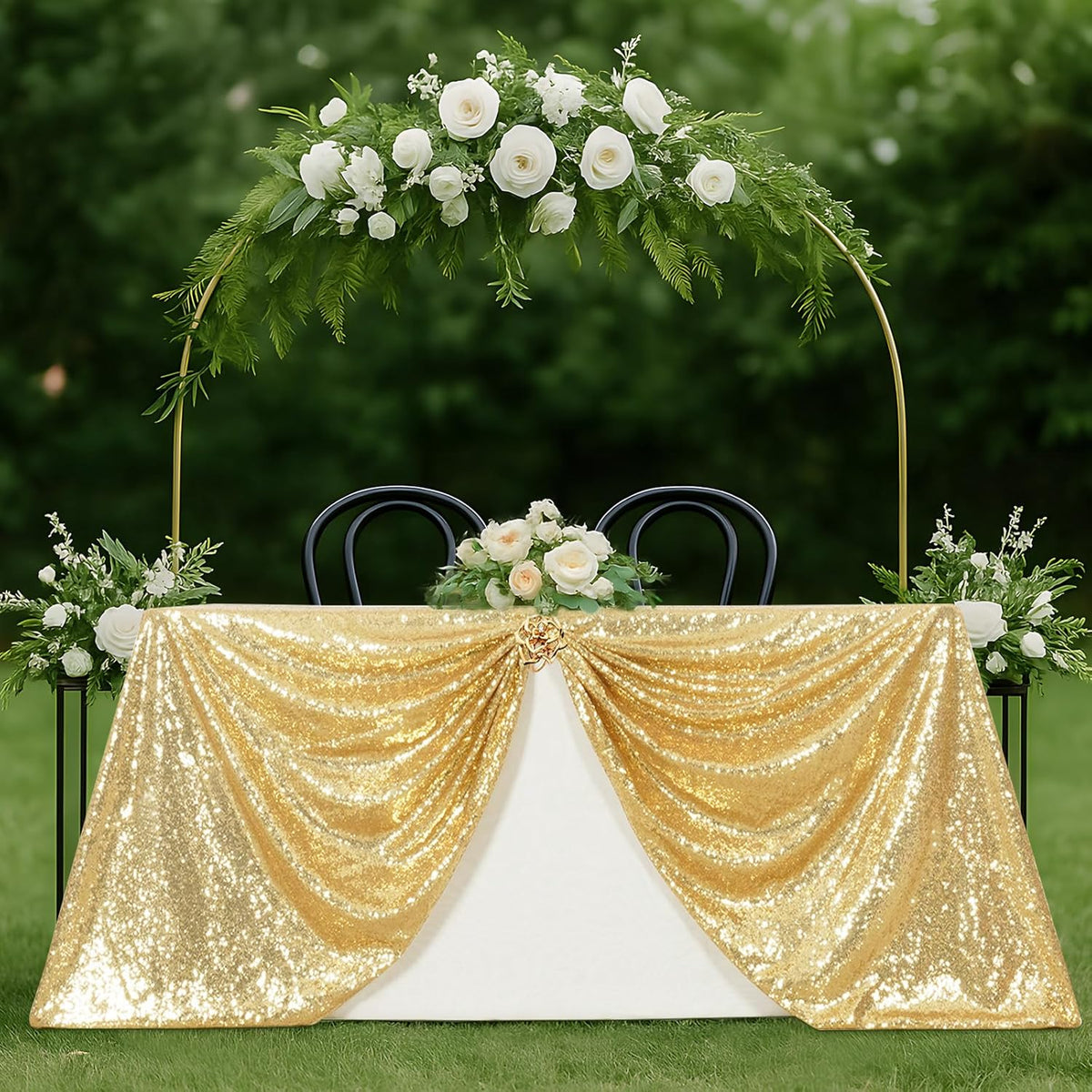 SquarePie Sequin Tablecloth 90 x 132 Inch Light Gold Sparkly Table Cloth for Wedding Party