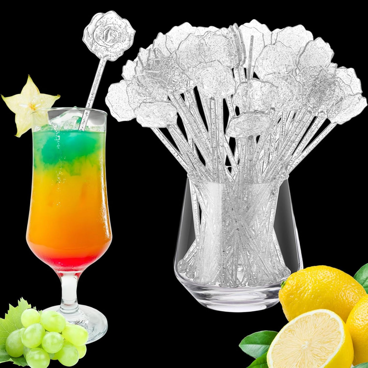 100 Pcs Silver Glitter Drink Stirrers Cocktails Plastic Swizzle Sticks 7.5 Inch Cupcake Pop Sticks