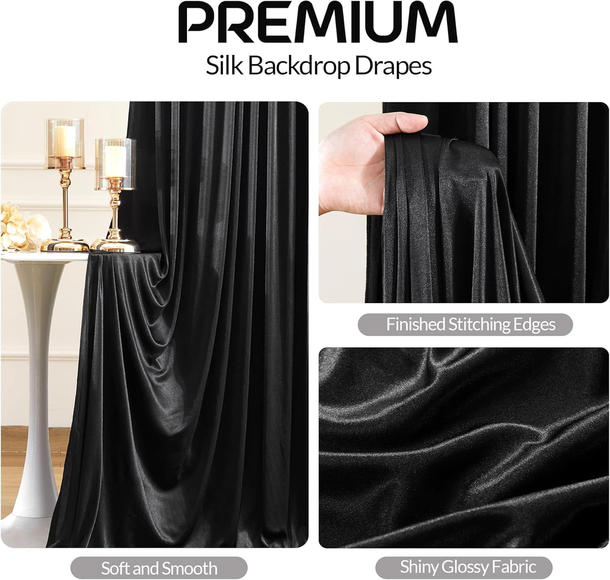 Black Satin Backdrop Curtains 2 Panels - Glitter Photo Drapes for Baby Shower, 10x10FT Shimmer Back