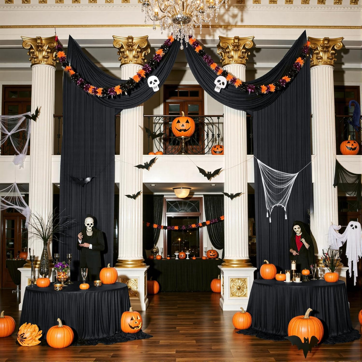 PartyVillage 10ft×15ft Black Backdrop Curtain for Halloween Parties, 2 Panels Wrinkle Free 15 FT