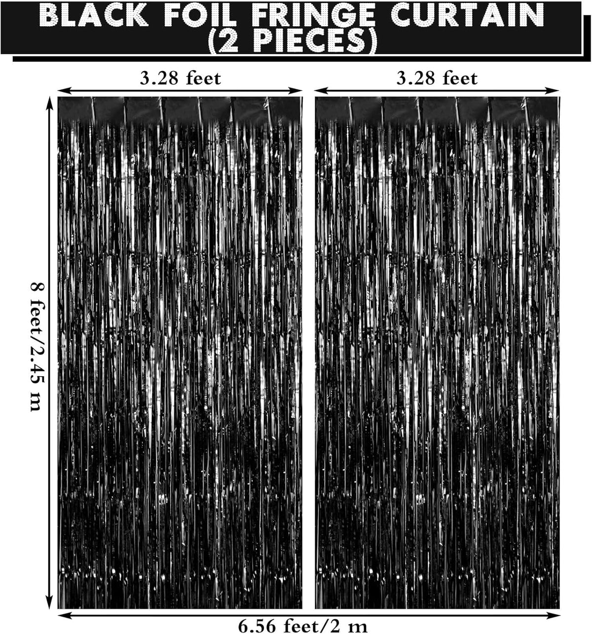 2 Pack Black Fringe Curtains Foil Shiny Fringe Backdrop Tinsel Door Streamers Foil Curtains for