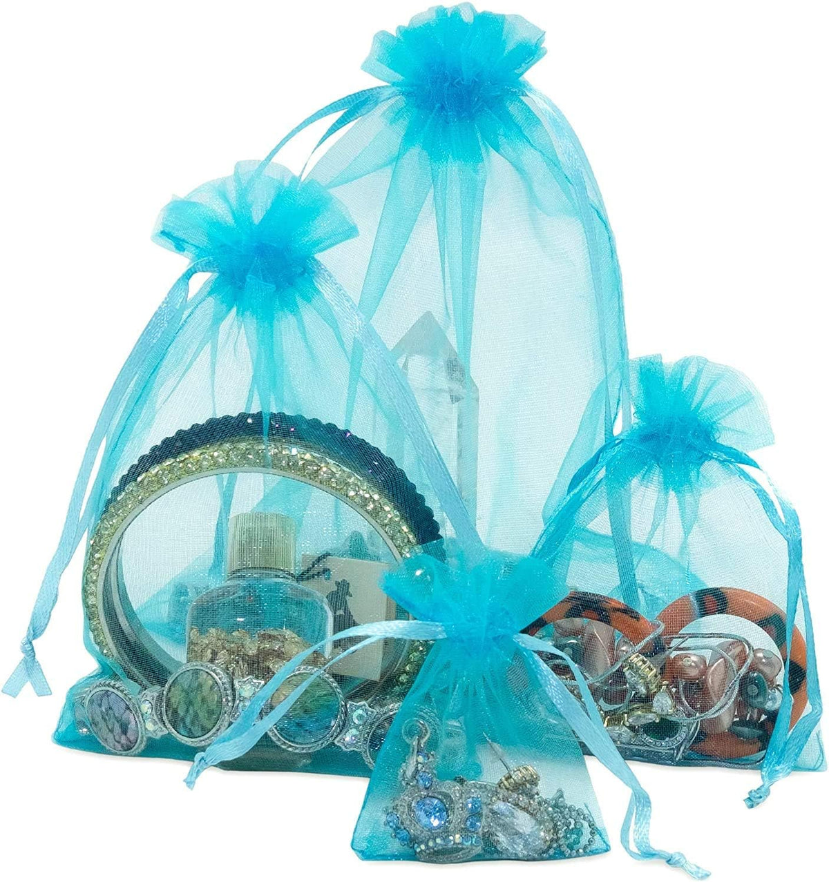 TheDisplayGuys 100-Pack XS 2" x 2 3/4" Turquoise Blue Sheer Organza Gift Bags with Drawstring
