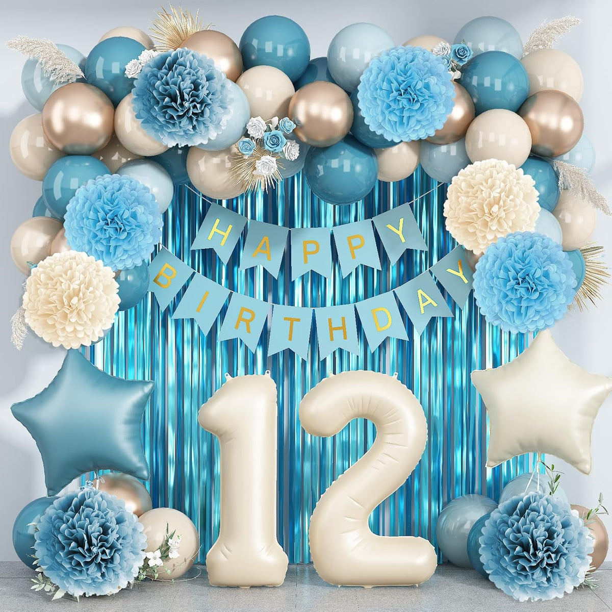 Dusty Blue 12th Birthday Party Decorations Boys Girls Beige Cream Number 12 Balloon with Blue Gold