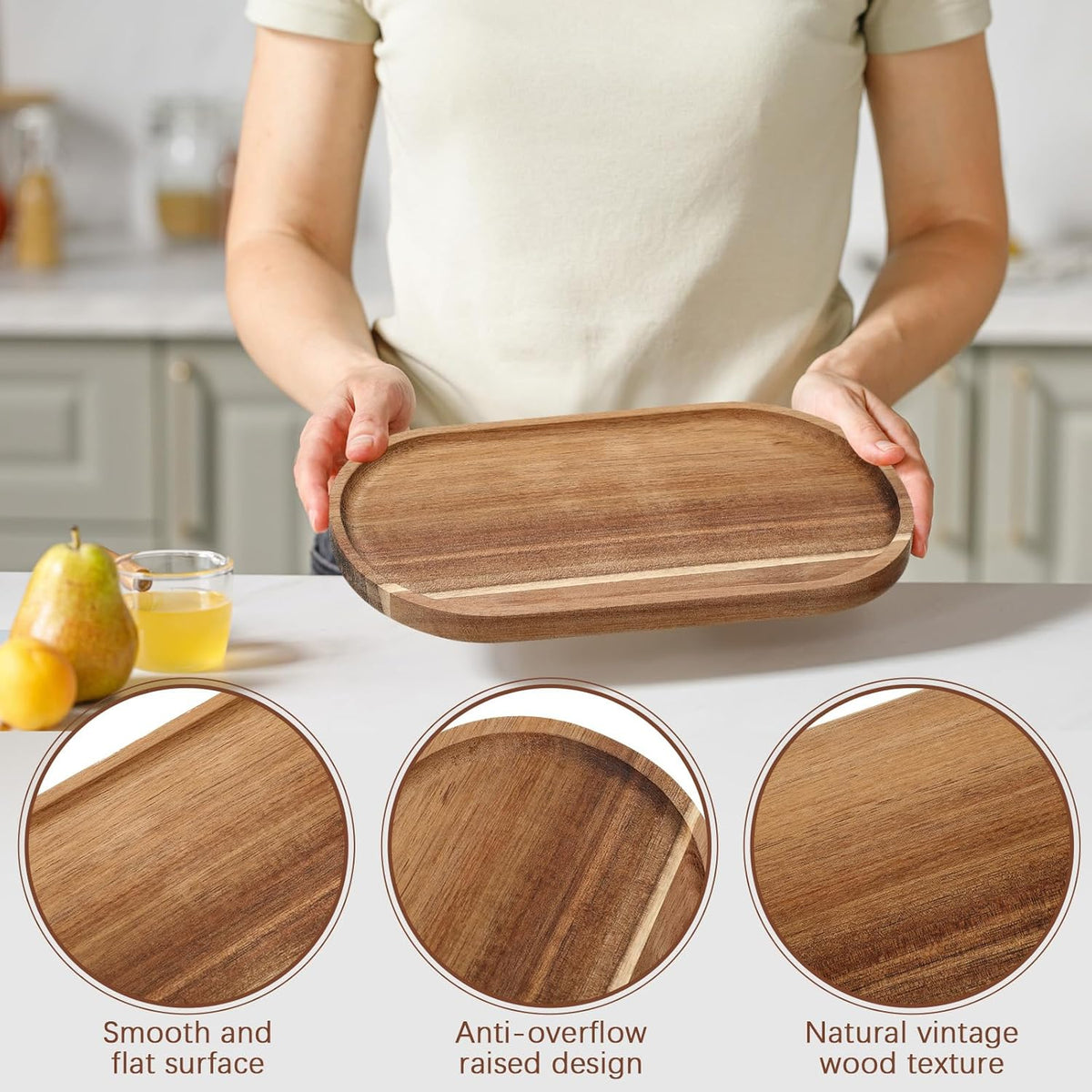 Wenqik 18 Pieces Acacia Wood Tray Set 10 x 5 Inch Acacia Oval Wood Tray Platters Plates Set for