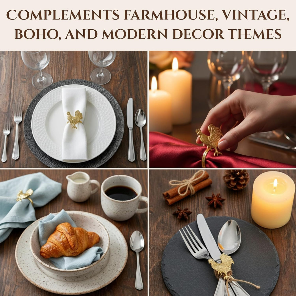 Set of 12 Rooster Napkin Rings for Farmhouse Table Decor | Premium Metal Chicken Dinnerware Holders