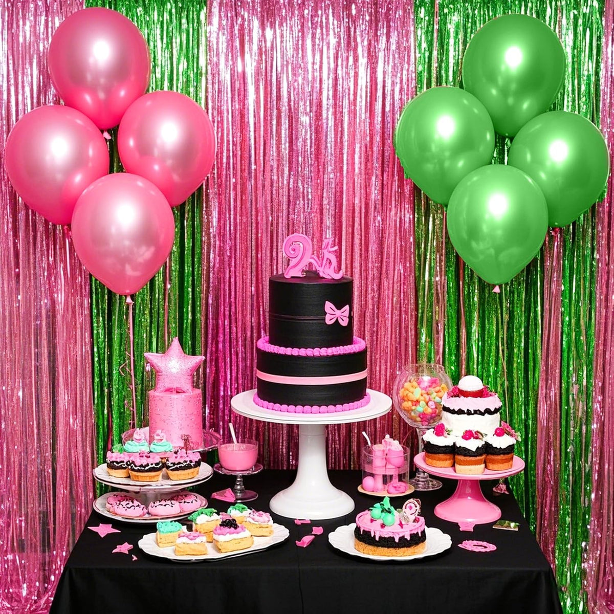 4 Packs Pink and Green Foil Fringe Curtain, Pink Green Metallic Tinsel Backdrop for Birthday, Baby