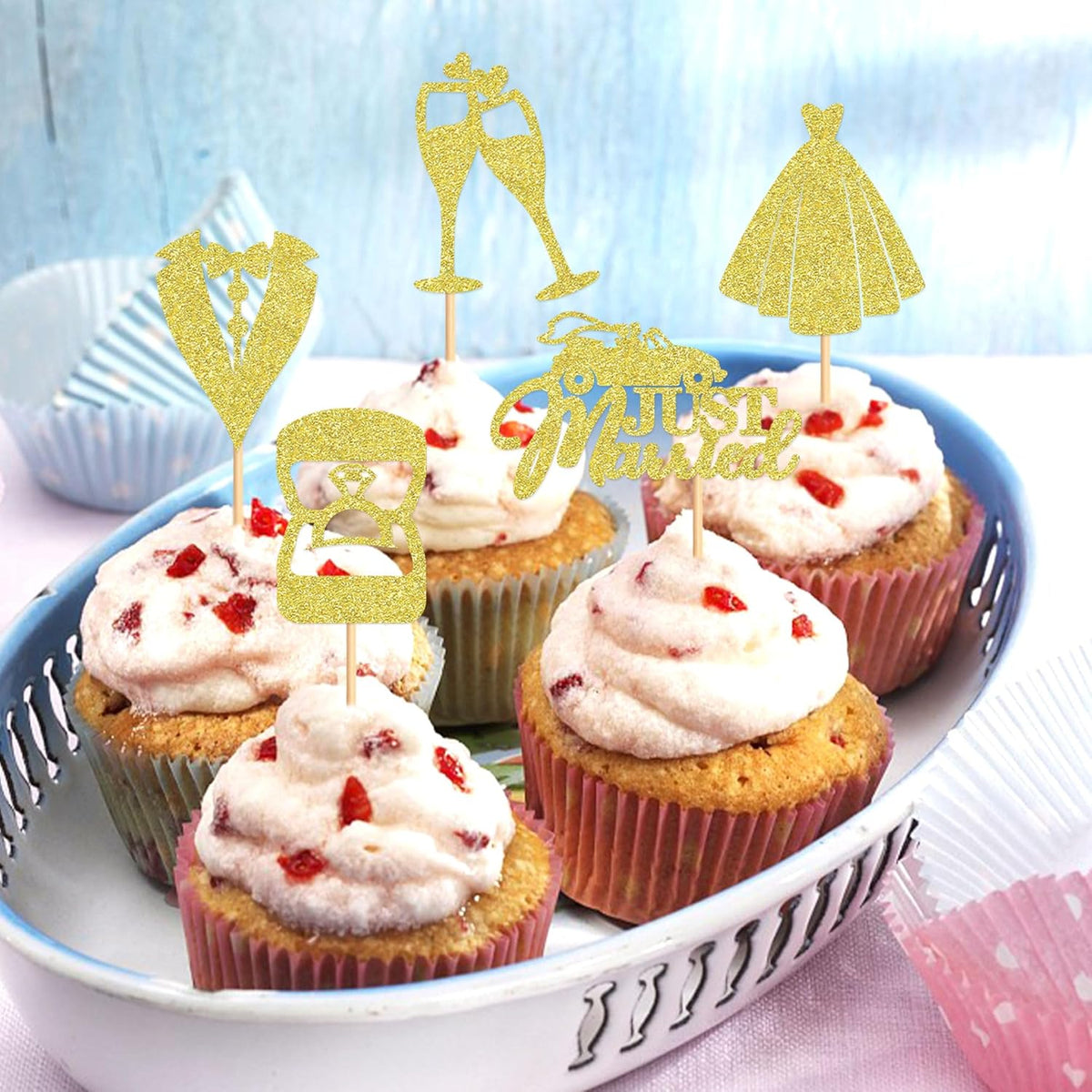 25 Pcs Bride and Groom Cupcake Toppers Wedding Dress Diamond Ring Cupcake Picks Bridal Shower