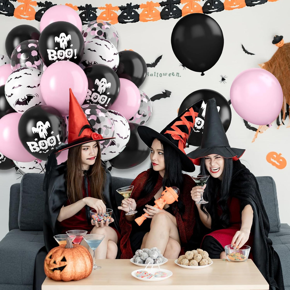 FunHot Halloween Party Balloons, 60Pcs Pink Black Halloween Balloon, 12 Inch Black Pink Confetti