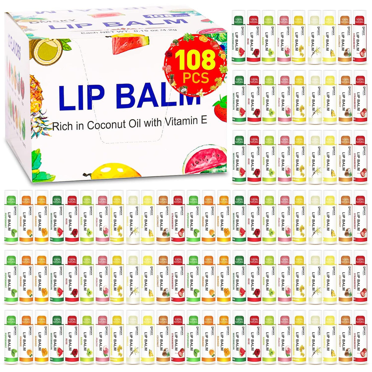 DMSKY 108 Pack Lip Balm, Natural Lip Balms Bulk with Vitamin E and Coconut Oil, Moisturizing Lip