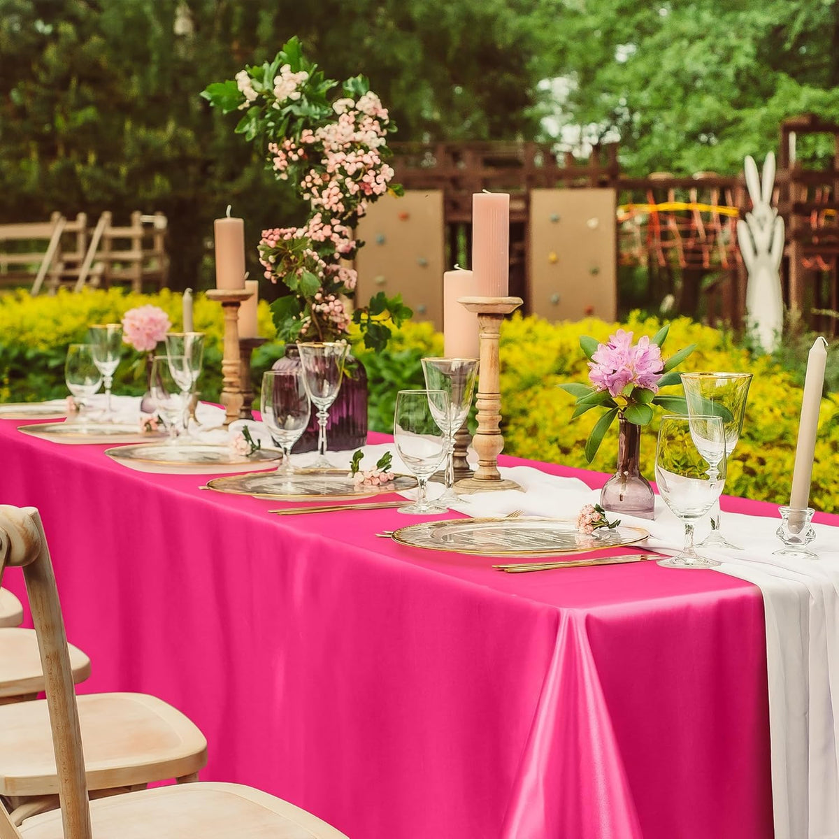 TURSTIN 1 Pack Hot Pink Satin Tablecloth 102 x 58 Inch Overlay Satin Table Cover Rectangle Bright