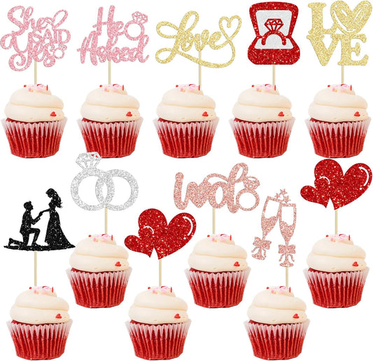 Ephlyn 30Pcs He Asked She Said Yes Cupcake Toppers Glitter Engagement Cupcake Toppers Diamond Ring