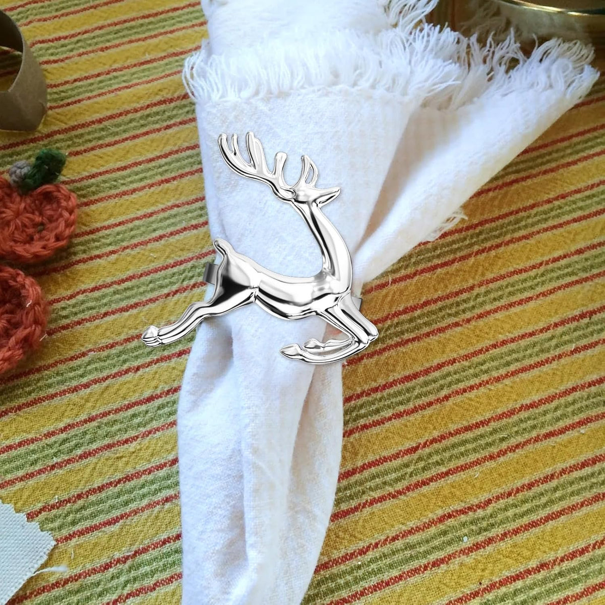 ZeeDix Silver Reindeer Christmas Napkin Rings Set of 24, Napkin Holder Ring for Christmas Dinner