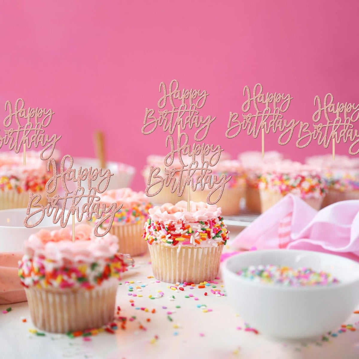 24 PCS Happy Birthday Cupcake Toppers Glitter Picks for Celebrating Anniversary Theme Party Cake