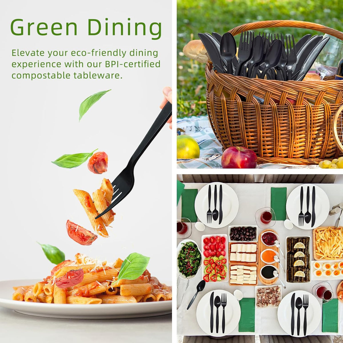 Black Compostable Silverware, 300 Count Compostable Utensils, Plastic 120 Forks 120 Spoons 60