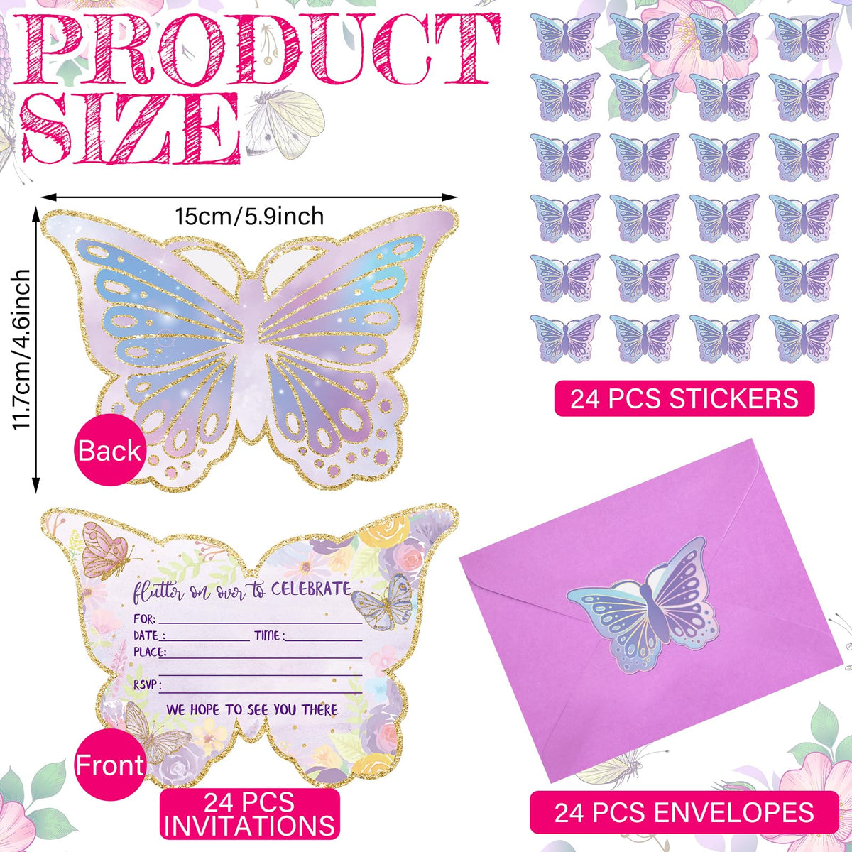 Hotop 24Sets Butterfly Birthday Invitation with Envelope & Sticker for Girl