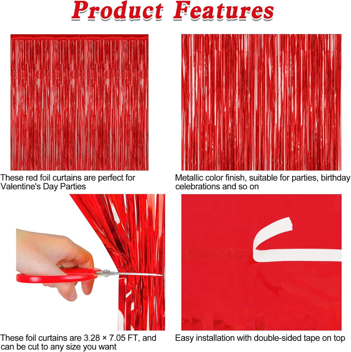 12 Pack Red Curtains, 3.28 FT x 7.05 FT Party Streamer, Metallic Party Backdrop Birthday Streamer