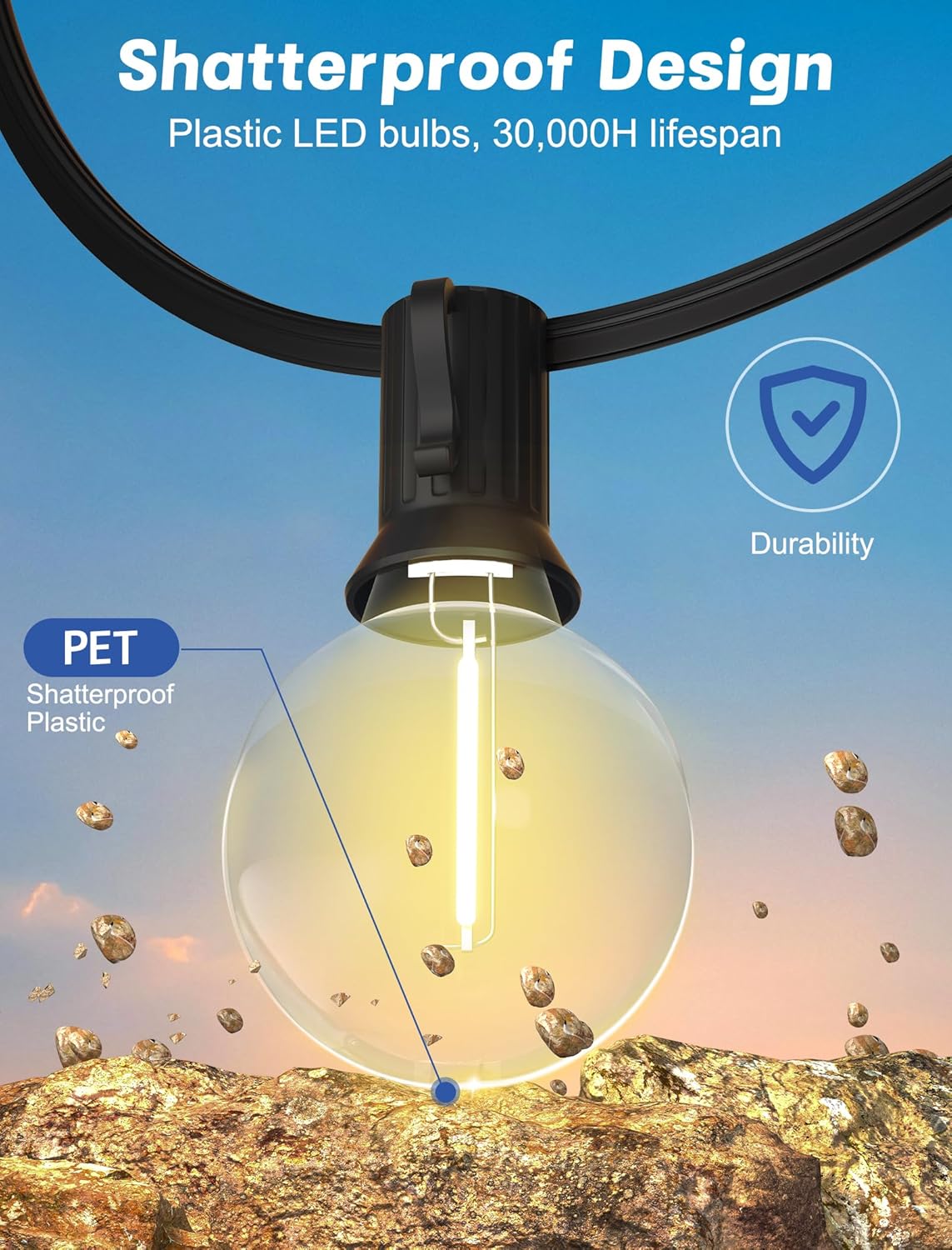 SUNSGNE 100Ft LED Outdoor String Lights - G40 Globe String Lights Waterproof Shatterproof with 52