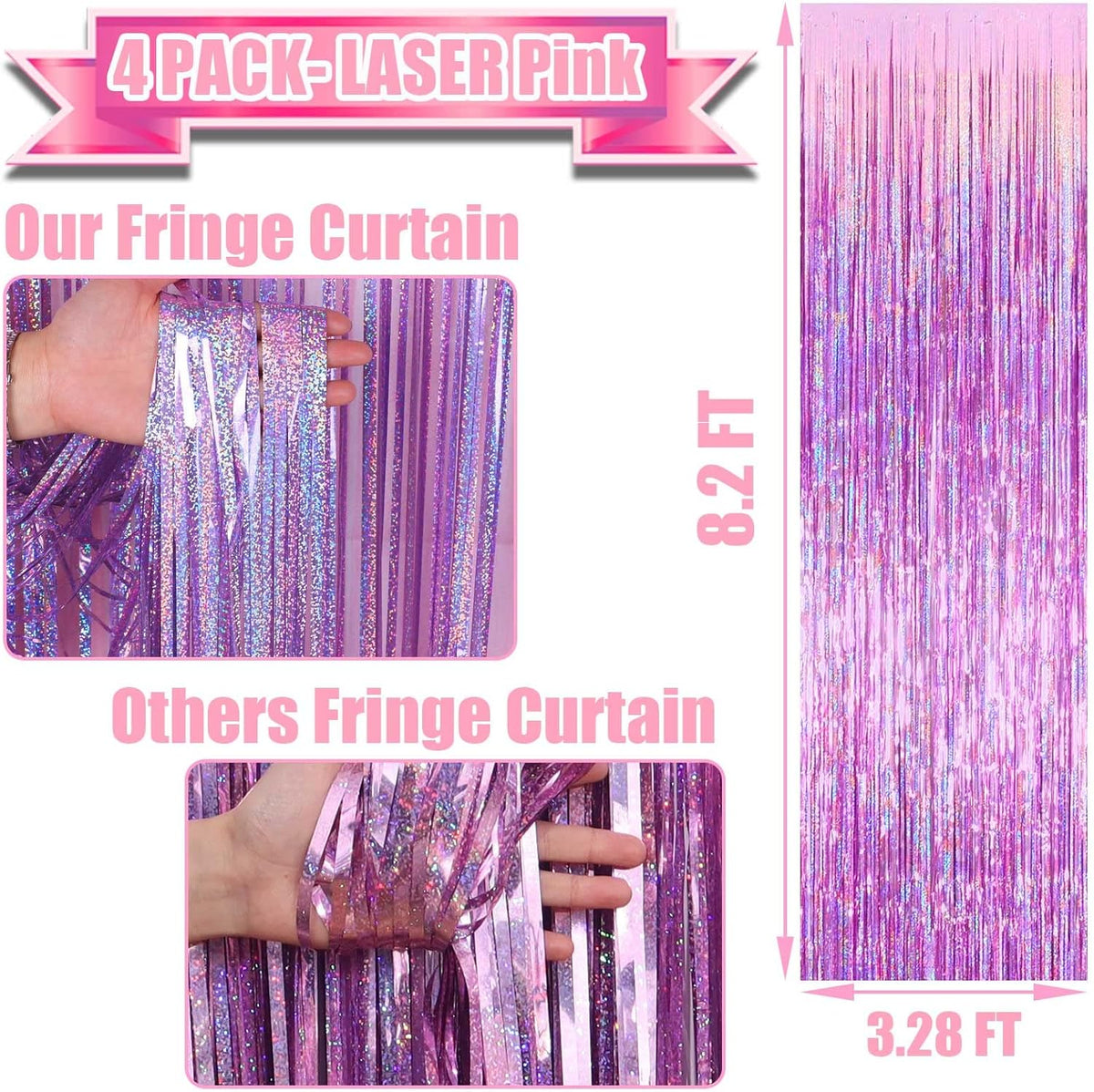 4 Pack Pink Tinsel Foil Fringe Curtain Backdrop, 3.28Ft x 8.2Ft Metallic Streamers for Photo Booth