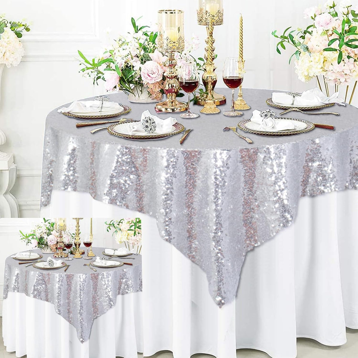 ShinyBeauty 2 Pack 72x72 Inch Silver Sequin Tablecloths - Elegant Square Glitter Tablecloth for