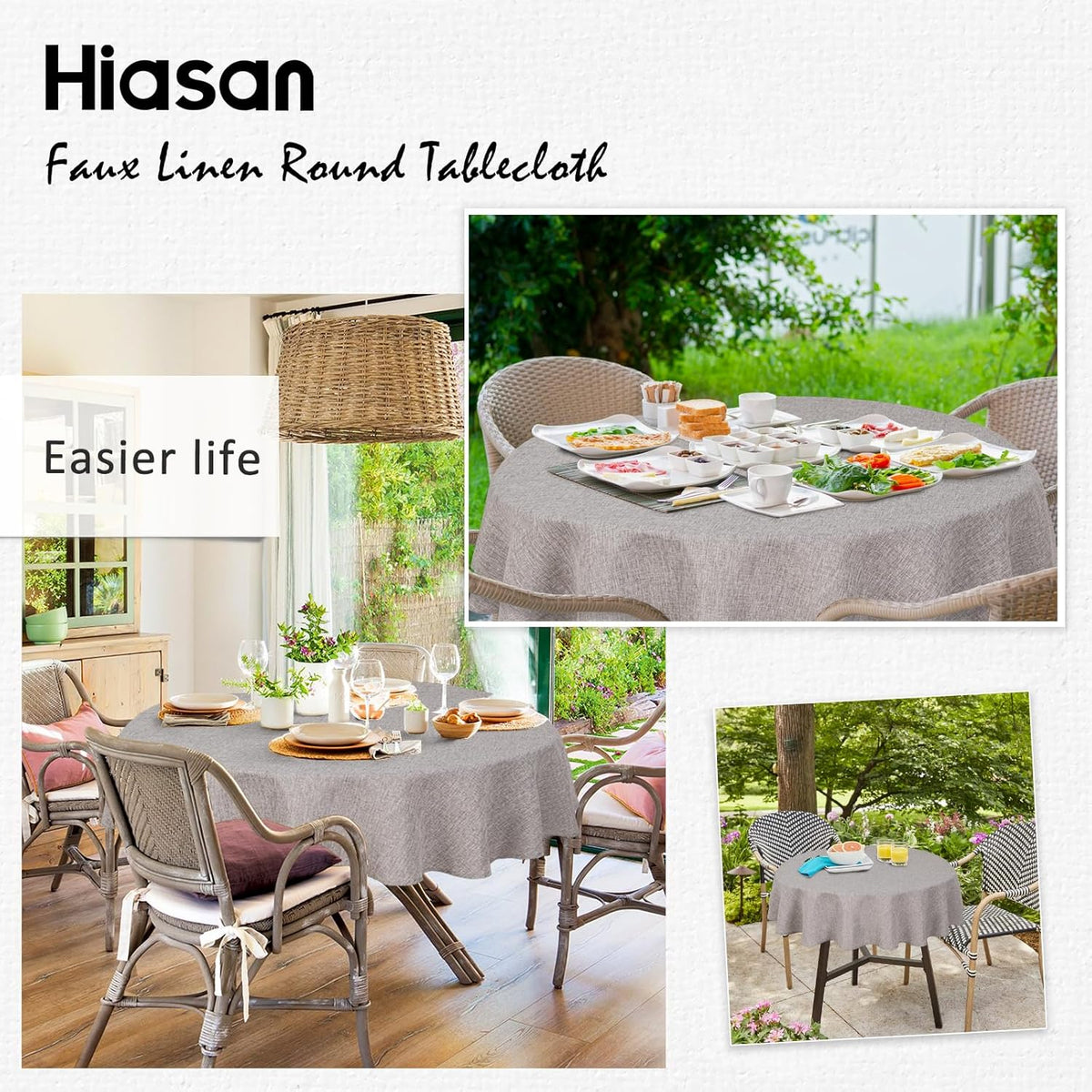 Hiasan Round Linen Tablecloth 50 Inch - Wrinkle and Stain Resistant Washable Polyester Fabric Table