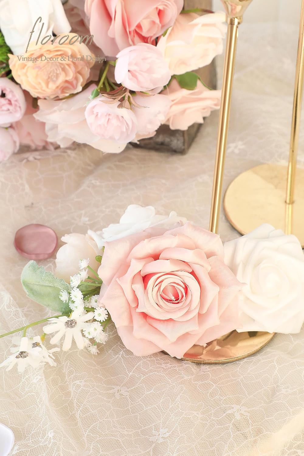 Floroom Blush Peach Pink Artificial Flowers Cream Fake Roses Peonies and Greenery Combo Box Set for