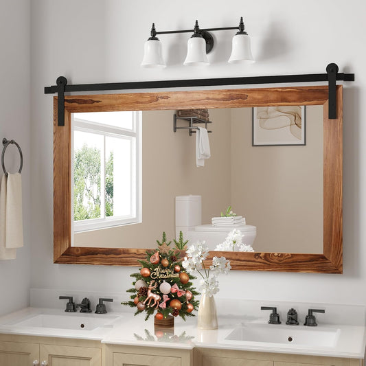 COGOOD Farmhouse Barn Door Mirror - 41" x 26" Rustic Wood Framed Wall Mirror for Bathroom, Living