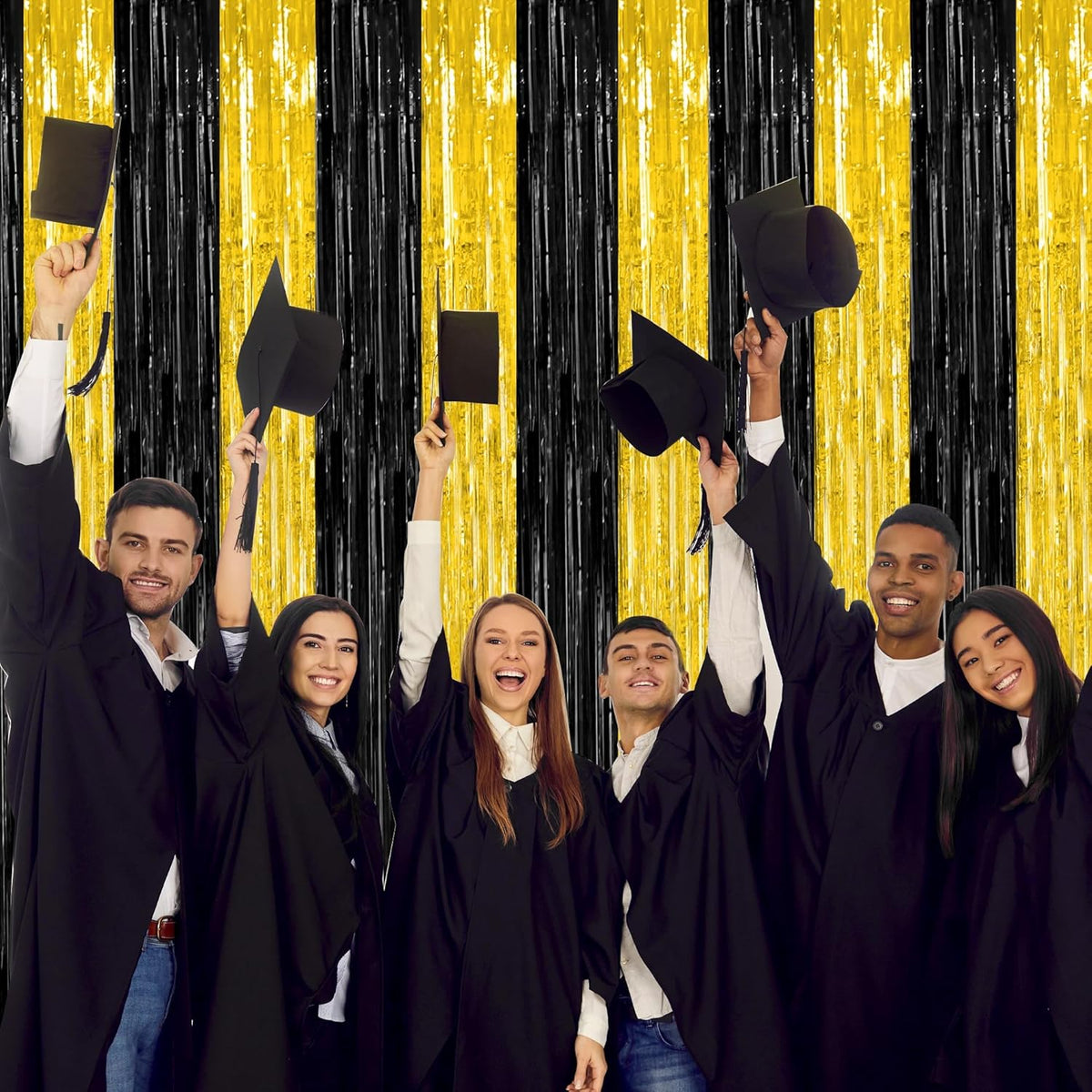 2 Pack Graduation Backdrop, 3.28 FT x 7.05 FT Black and Gold Foil Fringe Curtains, Metallic Foil