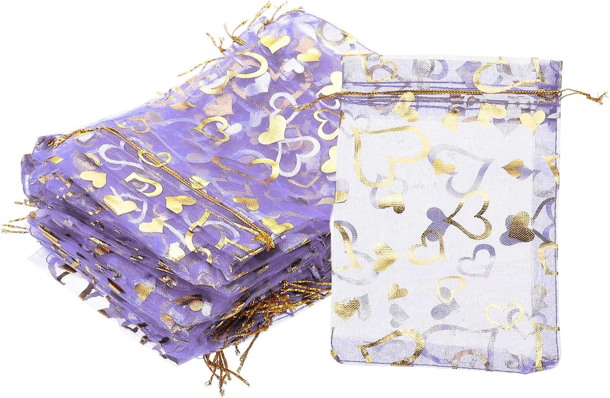 PATIKIL 50 Pcs 4x6 Inch Heart Printed Organza Bags, Purple Sheer Heart Organza Bags with Drawstring