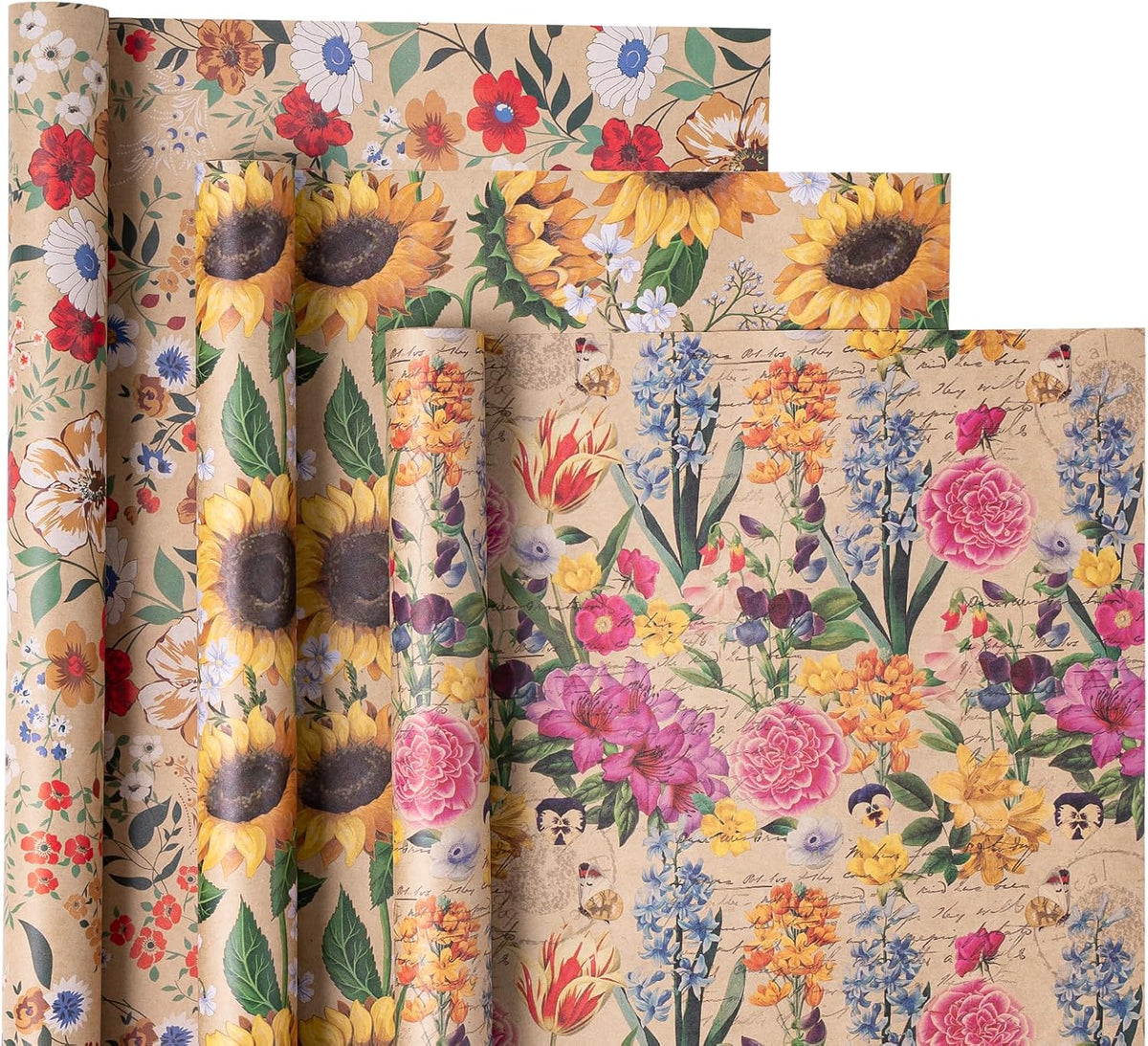 WRAPAHOLIC Kraft Floral Wrapping Paper - Mini Roll - 3 Rolls - 17 Inch x 120 Inch - All Occasion