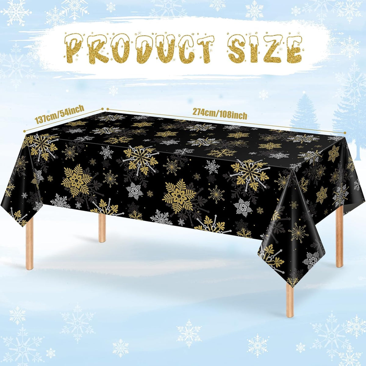 6Pcs Christmas Snowflake Party Tablecloths Decorations,Plastic Black and Gold Table Cloth,Winter