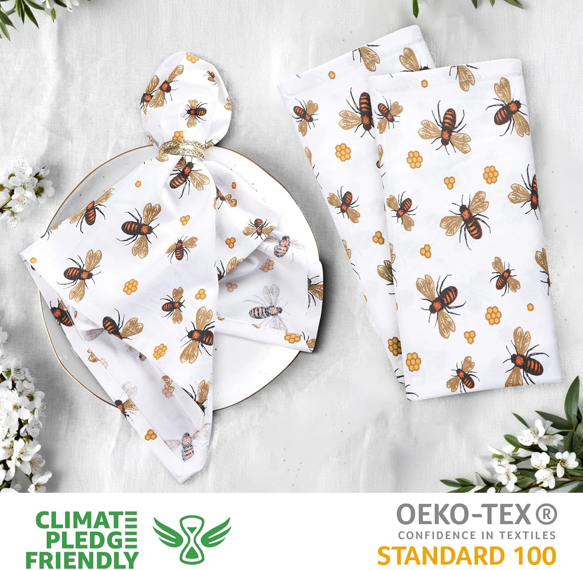Urban Villa Dinner Napkins Honey Bee Print Cloth Napkins (Set of 12) Oversized 20x20 Inches 100%