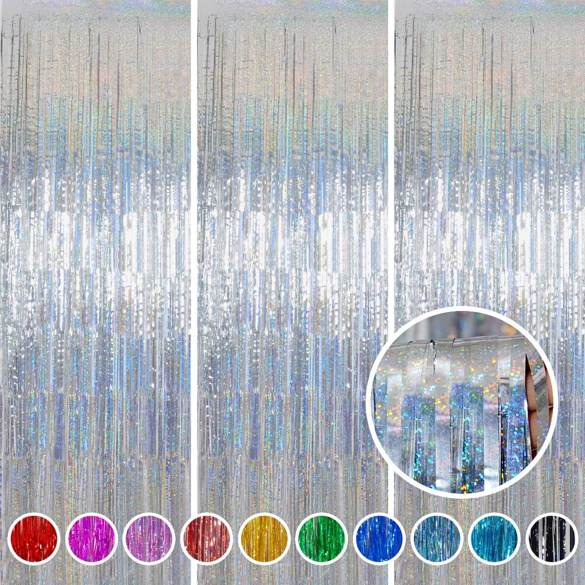 Foil Fringe Curtains Independence Day Decorations - Melsan 3 Pack 3.2 x 8.2 ft Silver Tinsel