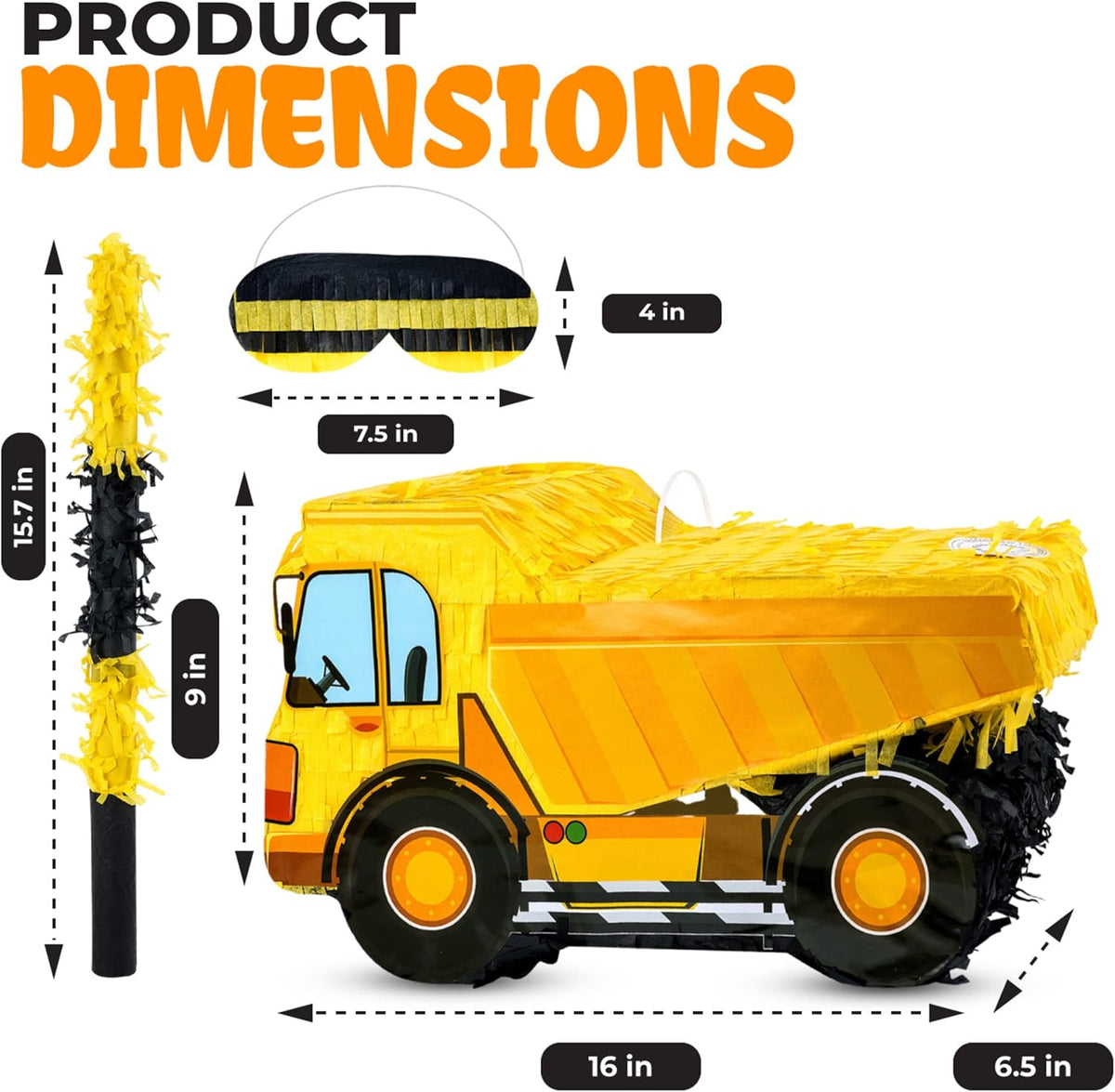 Small Dump Truck Pinata Bundle with a Blindfold and Bat(16 x 9 x 6.5 Inches), Kids Excavator Pinata