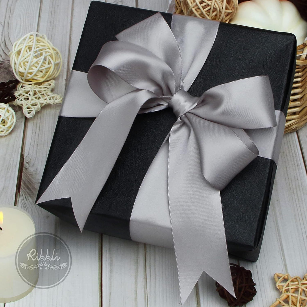 Ribbli Silver Double Faced Satin Ribbon,1-1/2” x Continuous 25 Yards,Use for Bows Bouquet,Gift
