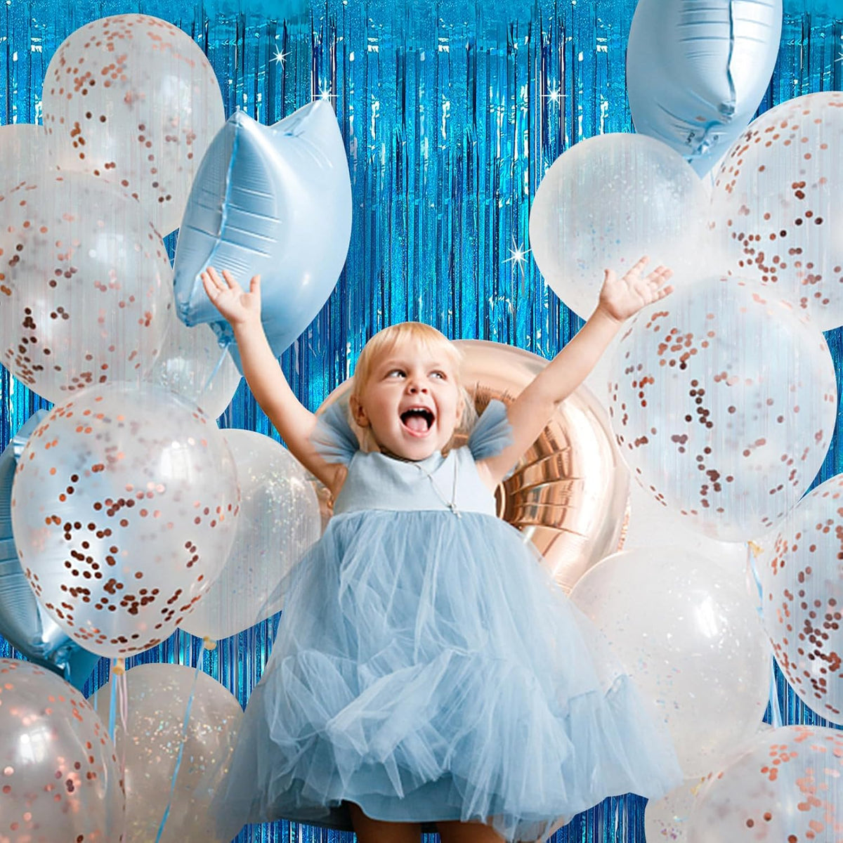 Tinsel Curtain Party Backdrop Blue Birthday Decorations 2 Packs Glitter Foil Fringe Curtain Party