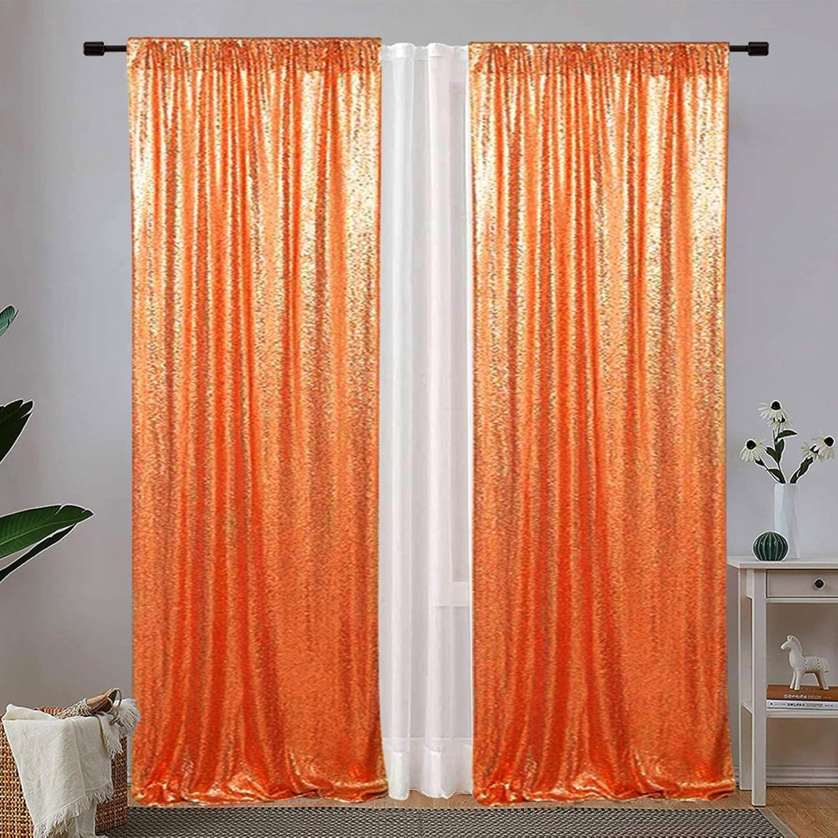 Eternal Beauty Sequin Backdrop Curtains, 2x8 Ft-2 Panels Orange Back Drop for Shimmer Photography