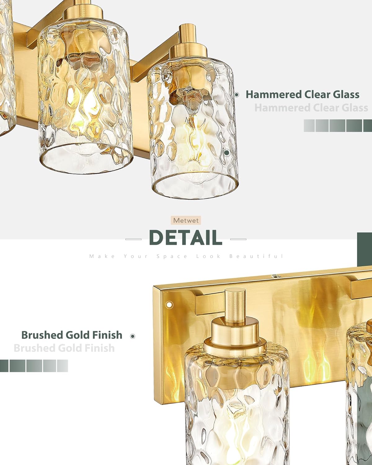 5-Light Bathroom Light Fixtures, 30 Inch Brushed Gold Vanity Lights with Clear Hammered Glass