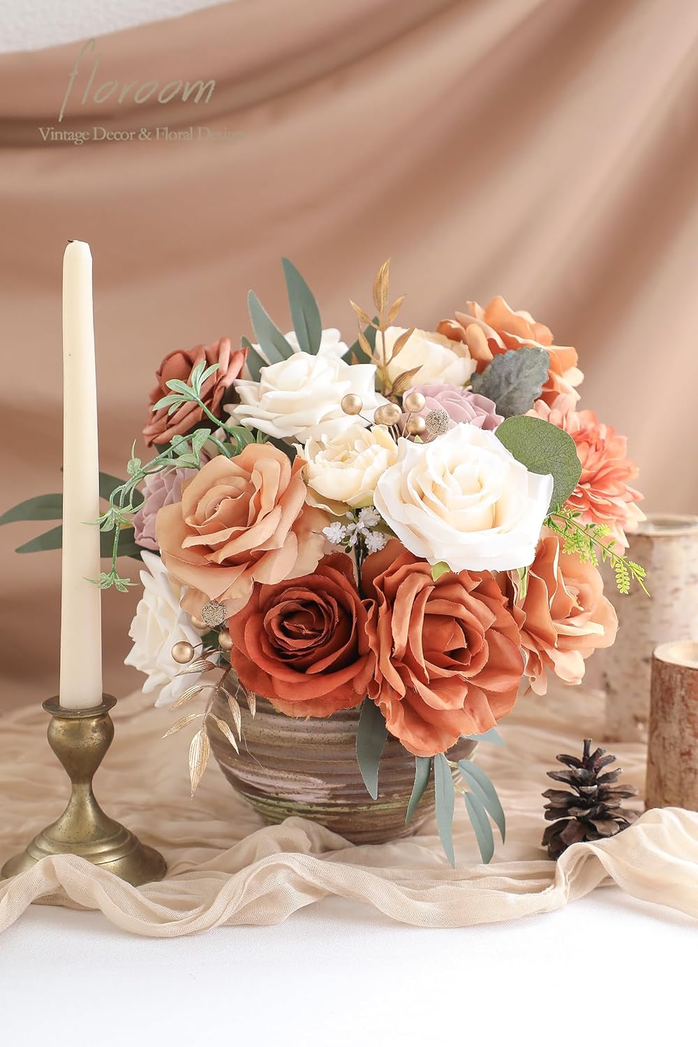 Floroom Terracotta Artificial Flowers Burnt Orange Fake Roses Peonies Dahlia Greenery Combo Box Set