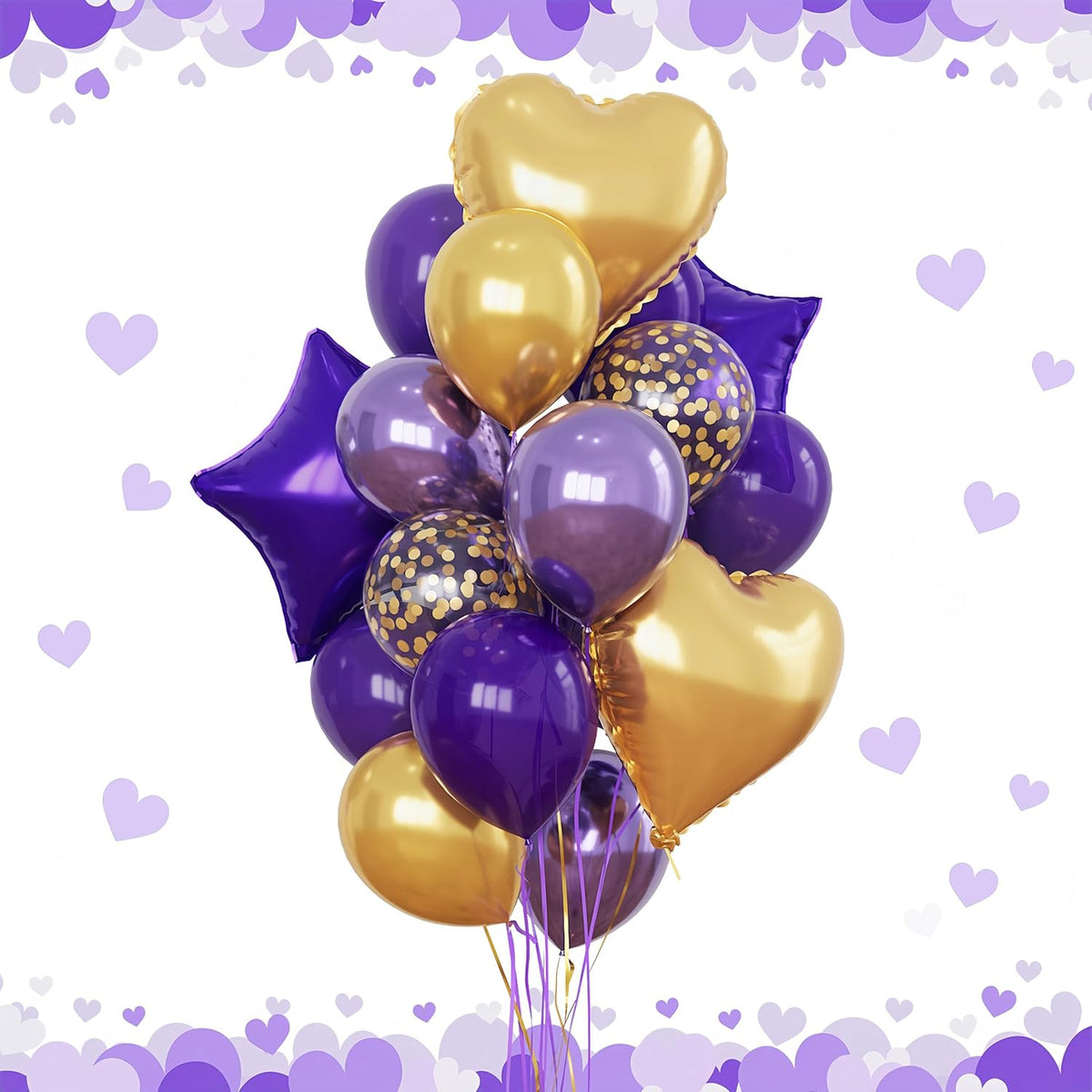 Purple and Gold Balloons Heart Star Mylar Balloon, Metallic Royal Dark Purple and Gold Party
