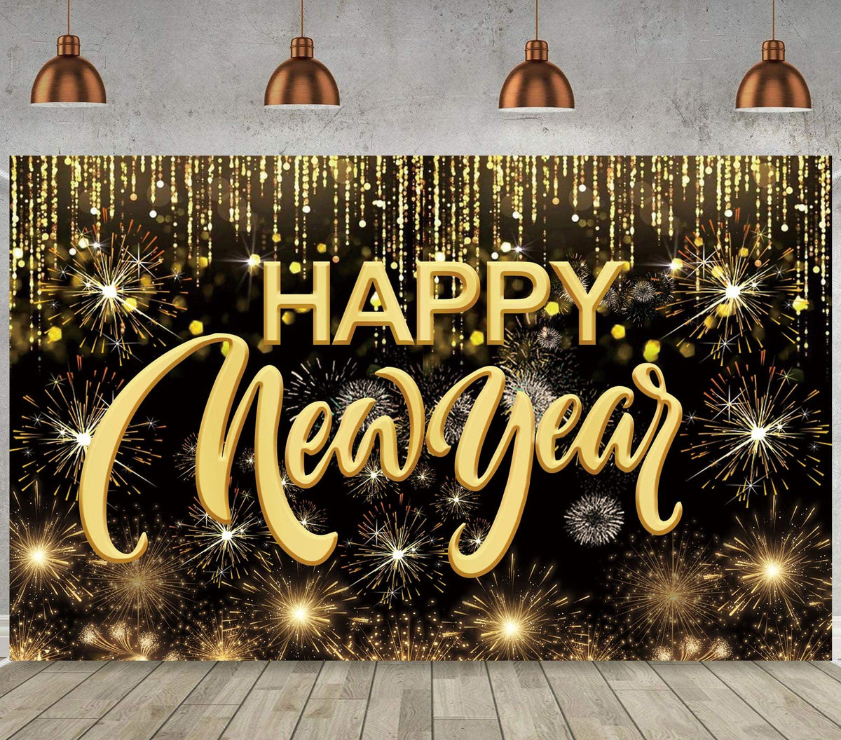 Happy New Year Hanging Extra Large Fabric Sign Poster Background Banner with Firework Pattern for