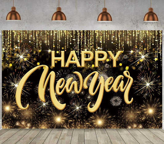 Happy New Year Hanging Extra Large Fabric Sign Poster Background Banner with Firework Pattern for