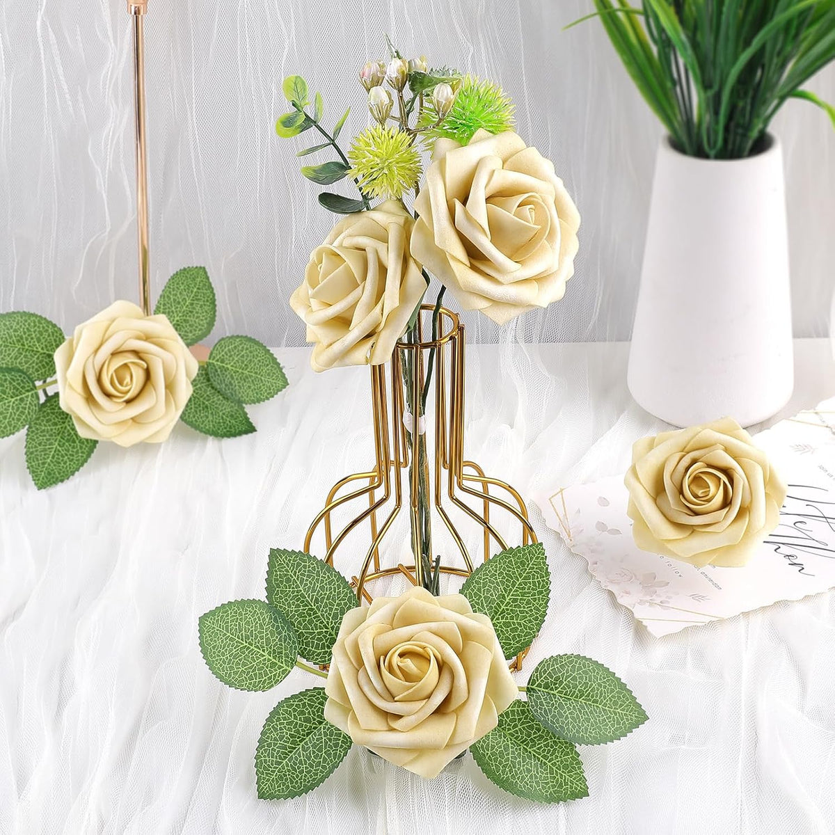 AmyHomie 25pcs Real Looking Artificial Beige Roses w/Stem for DIY Wedding Bouquets Centerpieces