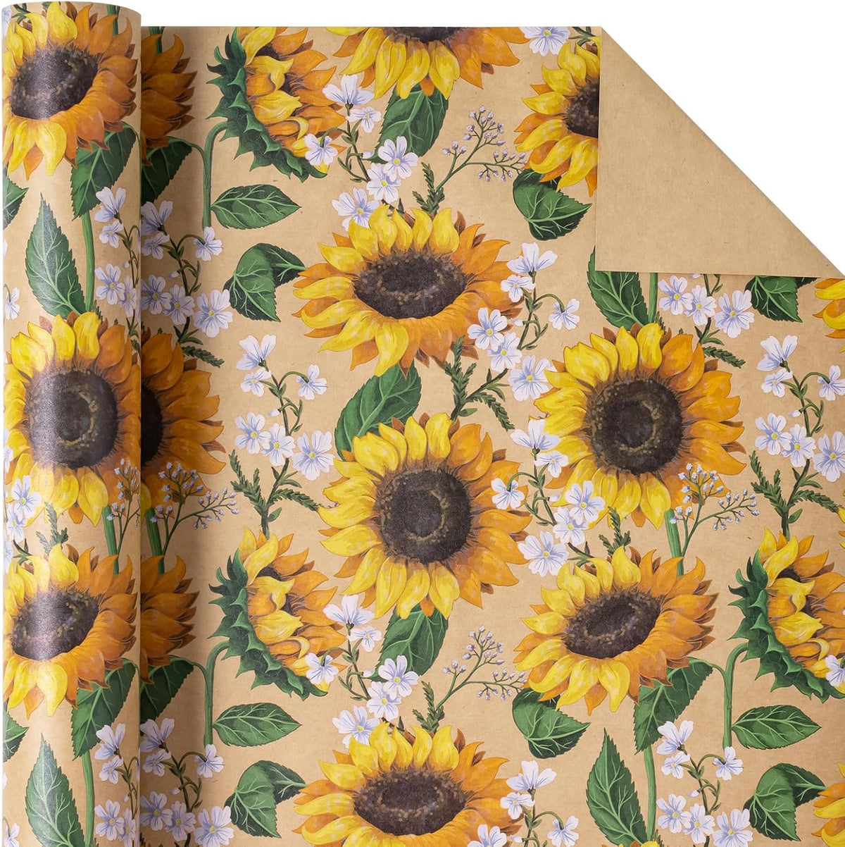WRAPAHOLIC Kraft Floral Wrapping Paper Roll - Mini Roll - 17 Inch x 9.8 Feet - Sunflower Wrapping