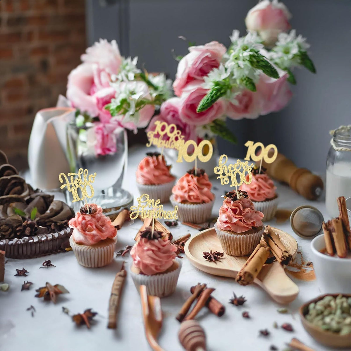 30pcs Happy 100th Birthday Cupcake Toppers - Gold Glitter One Hundred Cheers to 100 Years Old