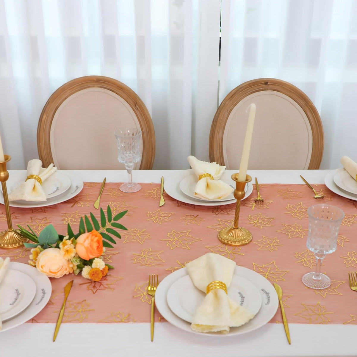 Snowkingdom Terracotta Gold Table Runner 10Ft, Gold Maple Leaves Burnt Orange Gauze Chiffon Runners