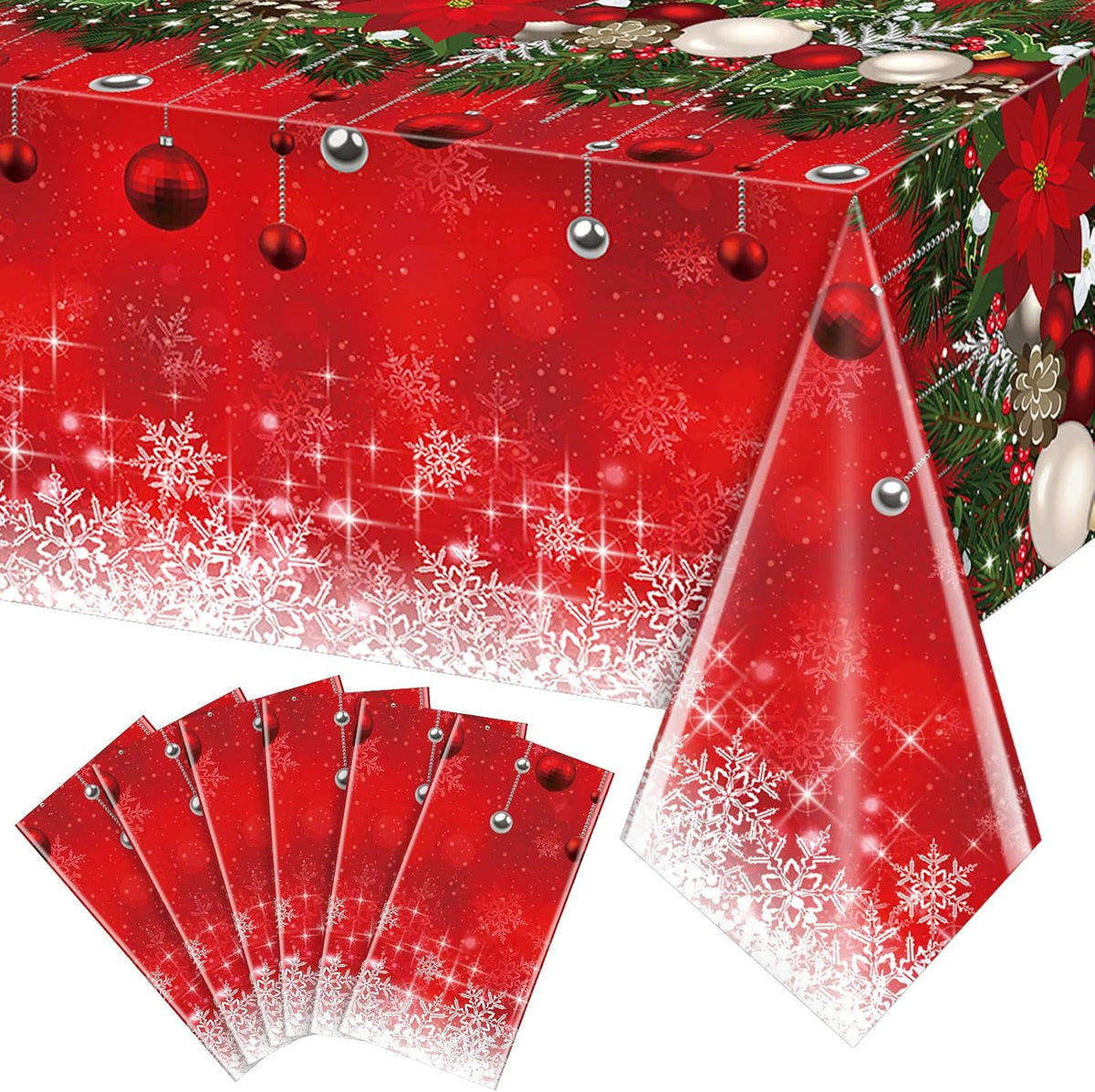 6Pieces Merry Christmas Tablecloth Plastic Christmas Tree Ball Table Cover Rectangle Winter