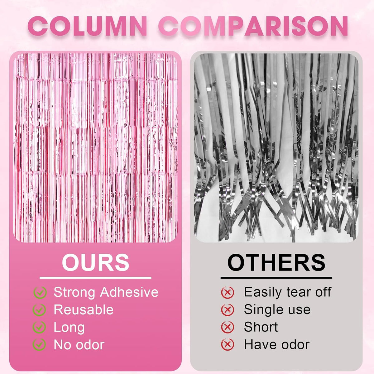 2 Pack Light Pink Foil Fringe Backdrop Curtains, Tinsel Streamers Birthday Party Decorations